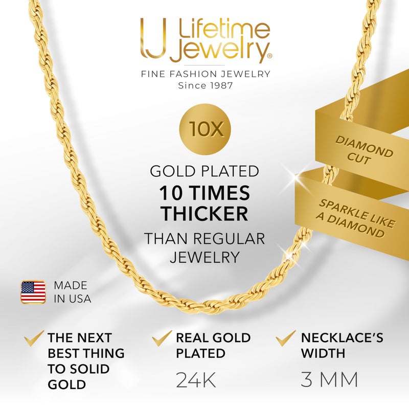 LIFETIME JEWELRY 24k Real Gold Plated 3mm Gold Rope Chain for Men & Women Diamond Cut Gold Chain Necklace Women & Necklace for Men 14 to 36 Inch (18 inches, Gold) - Image 2